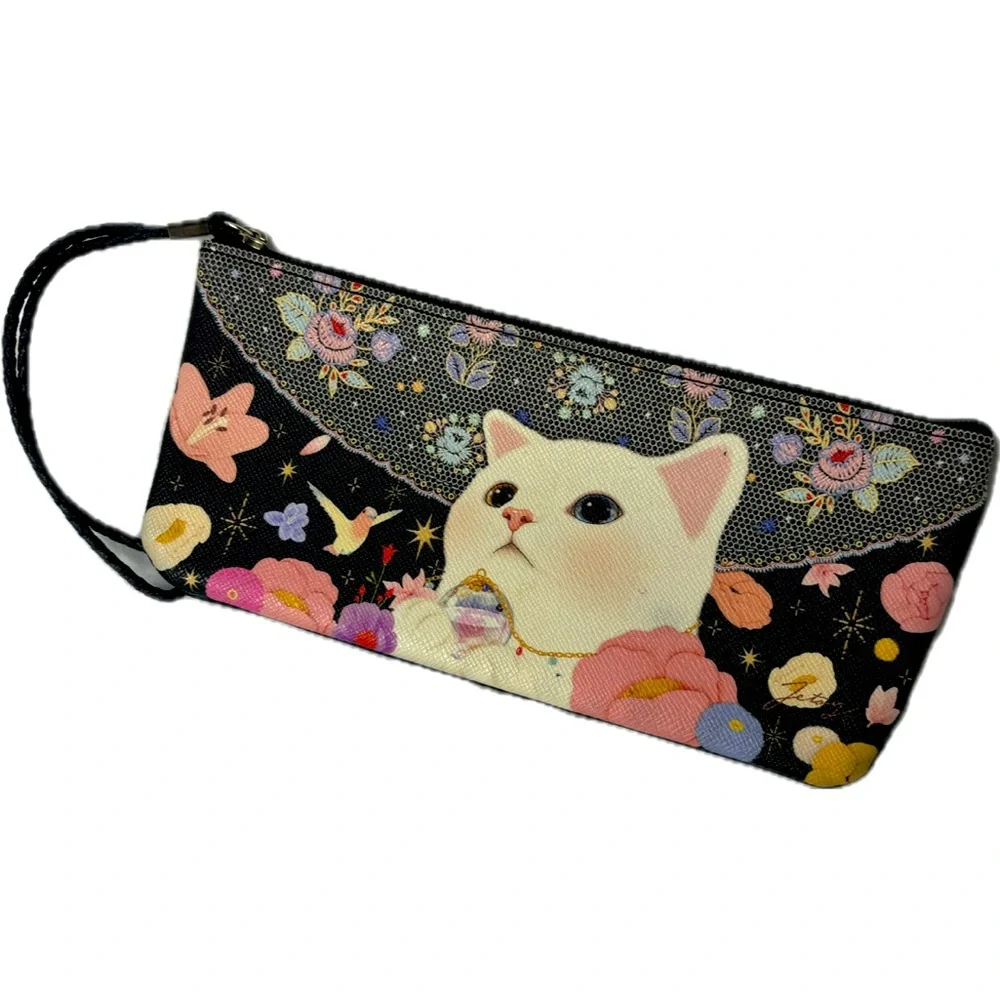 Adorable vegan leather rainbow cat wristlet full zipper with harness loop